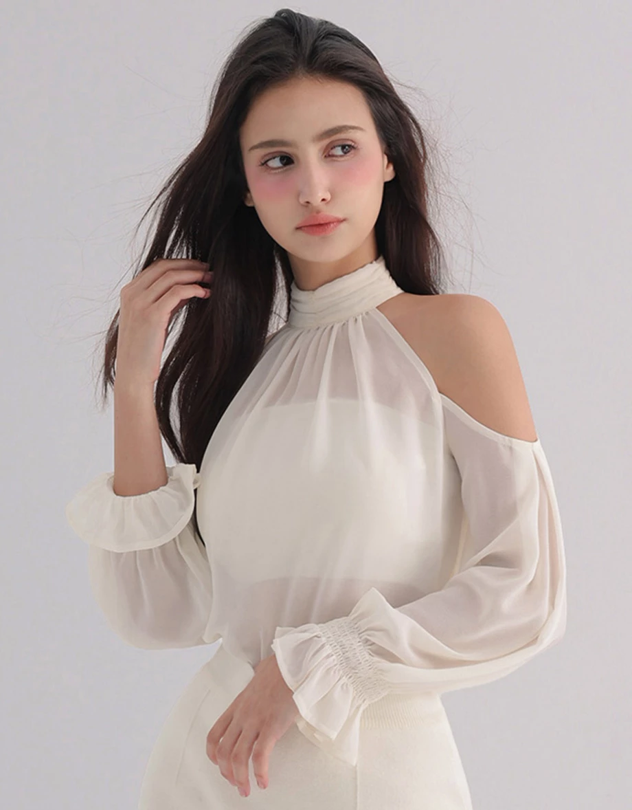 Ruched High Neck Cold Shoulder Sheer Chiffon Long Sleeve Padded Bra Top