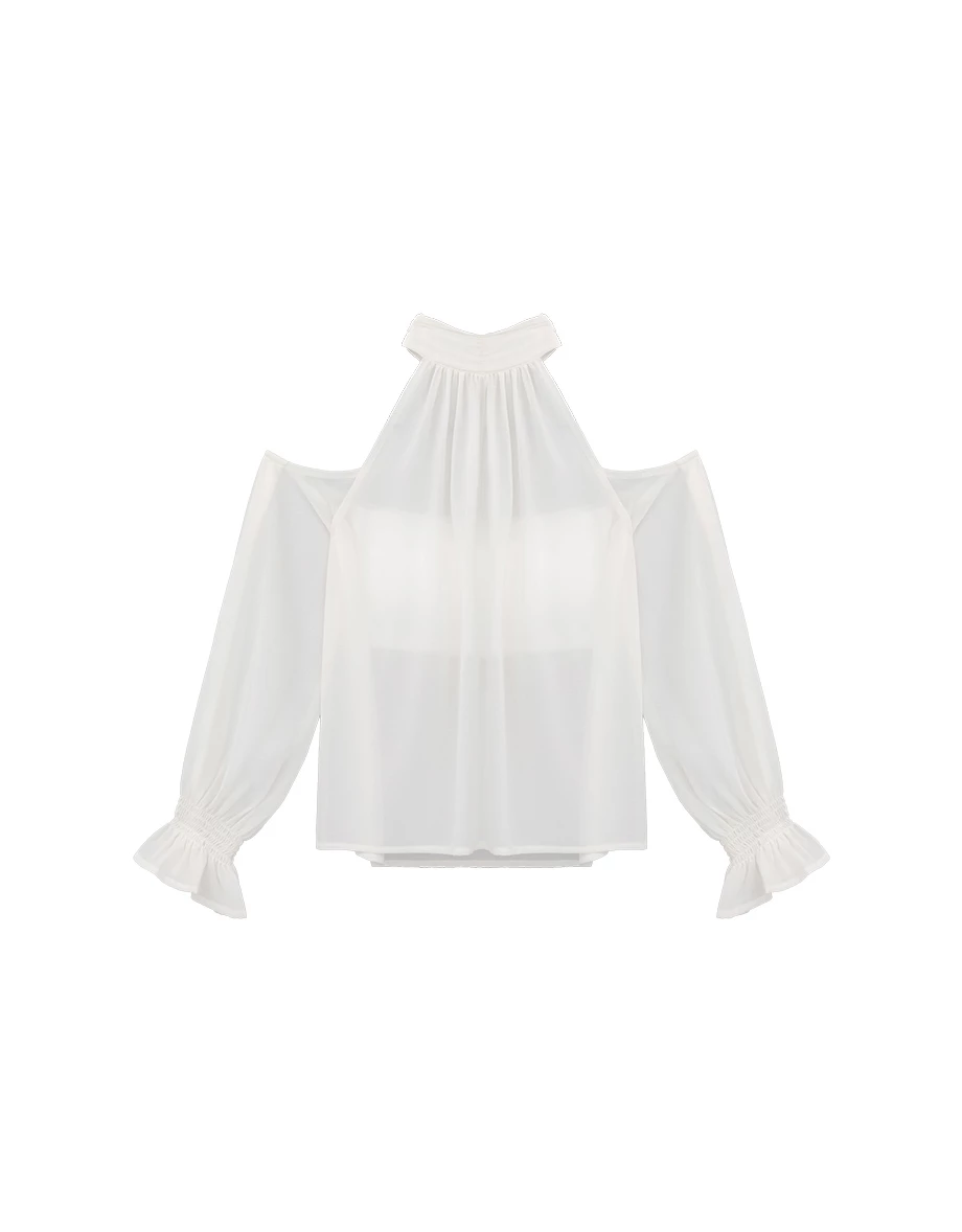 Ruched High Neck Cold Shoulder Sheer Chiffon Long Sleeve Padded Bra Top
