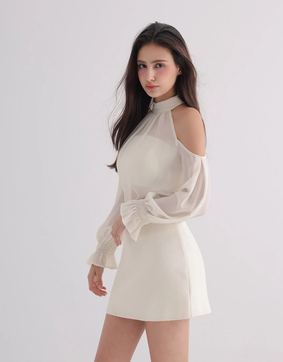 Ruched High Neck Cold Shoulder Sheer Chiffon Long Sleeve Padded Bra Top Ruched High Neck Cold Shoulder Sheer Chiffon Long Sleeve Padded Bra Top