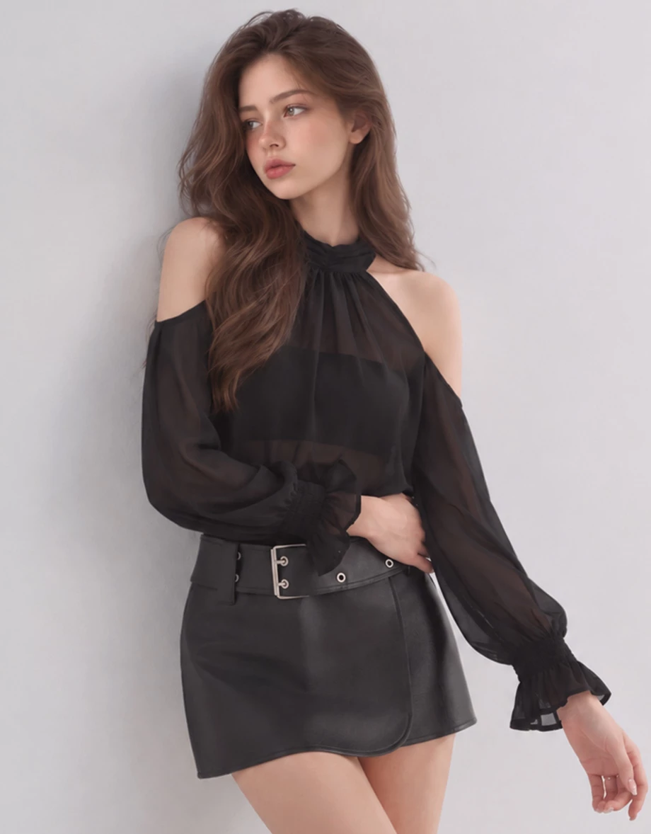 Ruched High Neck Cold Shoulder Sheer Chiffon Long Sleeve Padded Bra Top Ruched High Neck Cold Shoulder Sheer Chiffon Long Sleeve Padded Bra Top