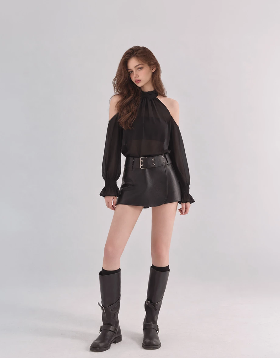 Ruched High Neck Cold Shoulder Sheer Chiffon Long Sleeve Padded Bra Top Ruched High Neck Cold Shoulder Sheer Chiffon Long Sleeve Padded Bra Top