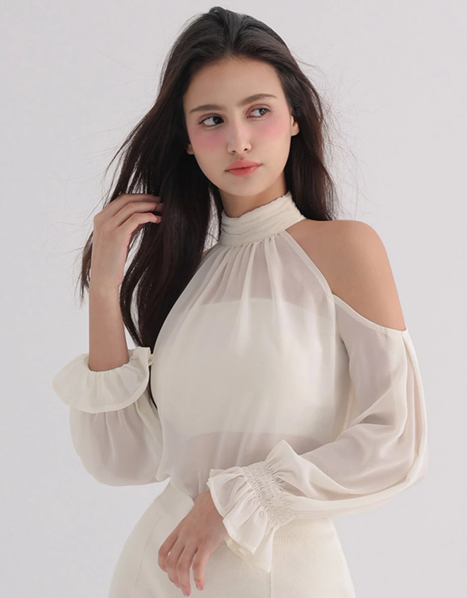 Ruched High Neck Cold Shoulder Sheer Chiffon Long Sleeve Padded Bra Top Ruched High Neck Cold Shoulder Sheer Chiffon Long Sleeve Padded Bra Top