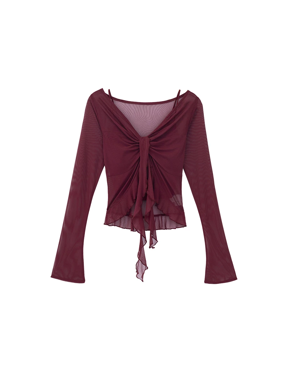 V Neck Twist Front Sheer Mesh Shruged and Matching Spaghetti Strap Padded Camisole Set Wear