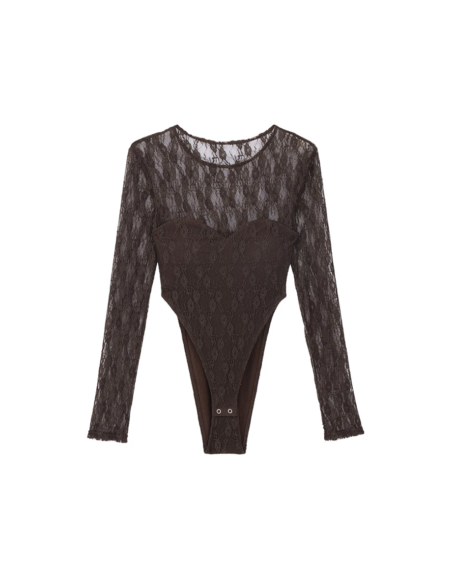 【Heat Tech】Sheer Floral Lace Long Sleeve High Cut Padded Bodysuit