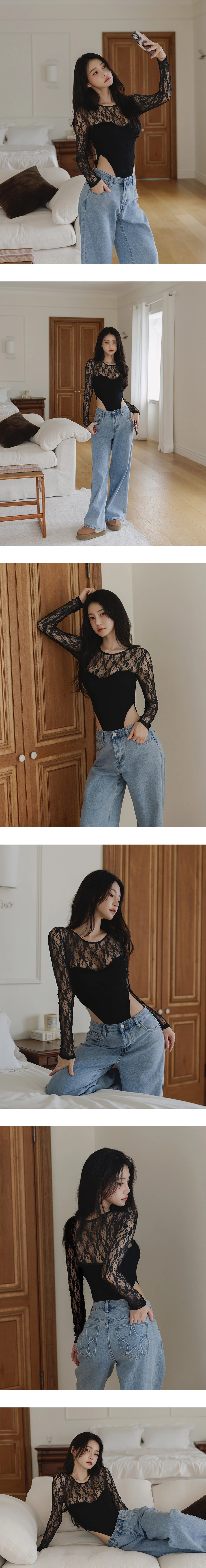 【Heat Tech】Sheer Floral Lace Long Sleeve High Cut Padded Bodysuit