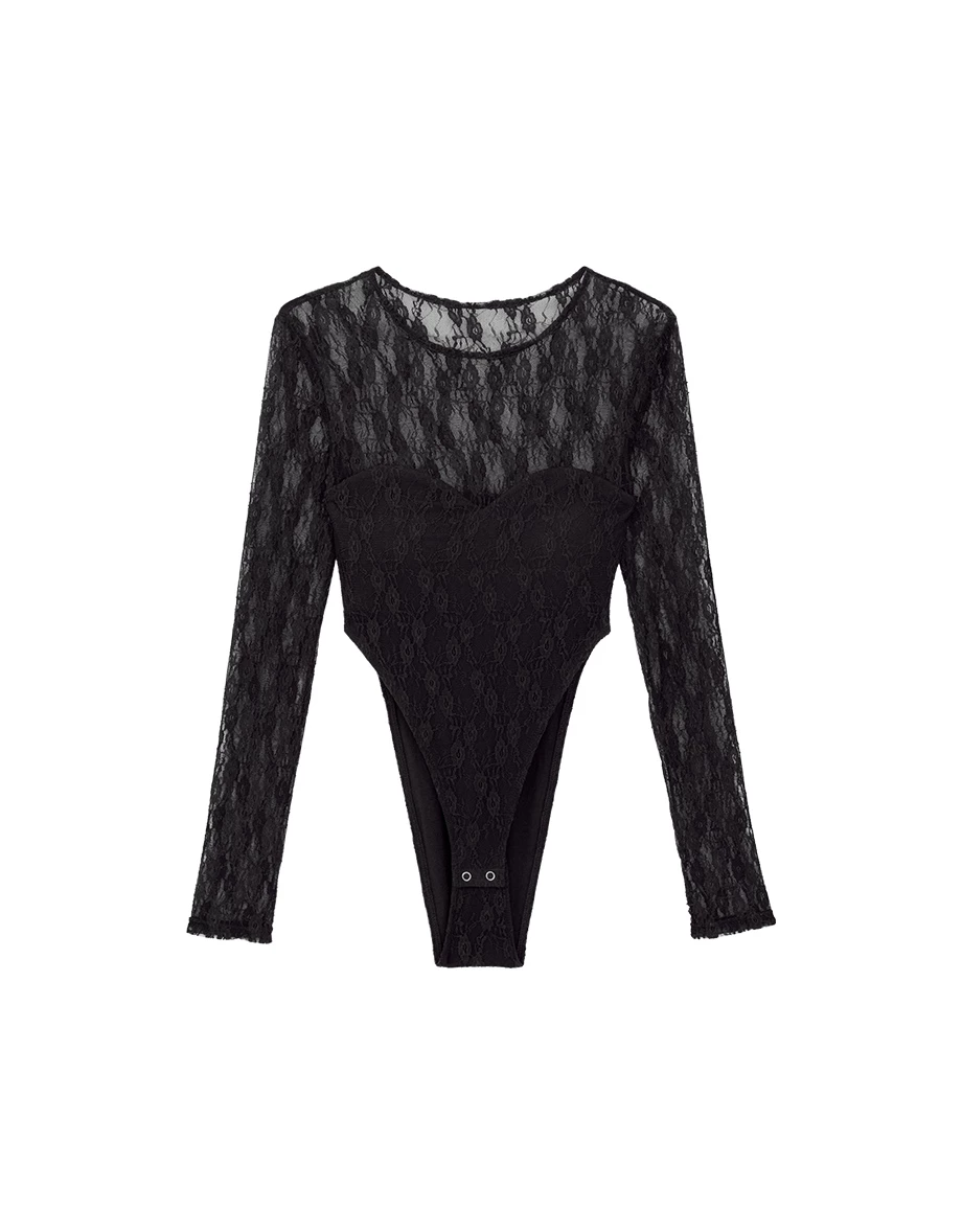 【Heat Tech】Sheer Floral Lace Long Sleeve High Cut Padded Bodysuit