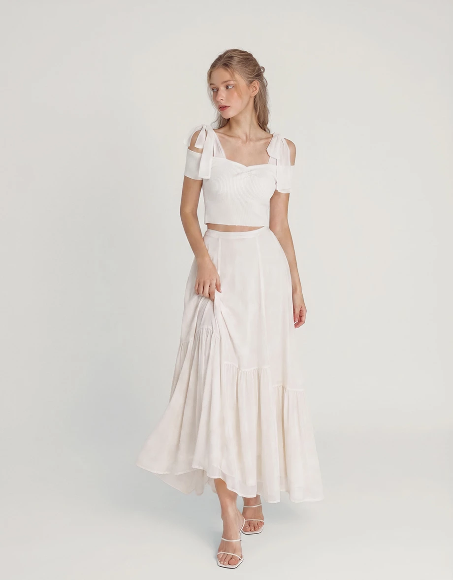 Shoulder Tie Chiffon Strap Off Shoulder Ribbed Knit Padded Bra Top Shoulder Tie Chiffon Strap Off Shoulder Ribbed Knit Padded Bra Top
