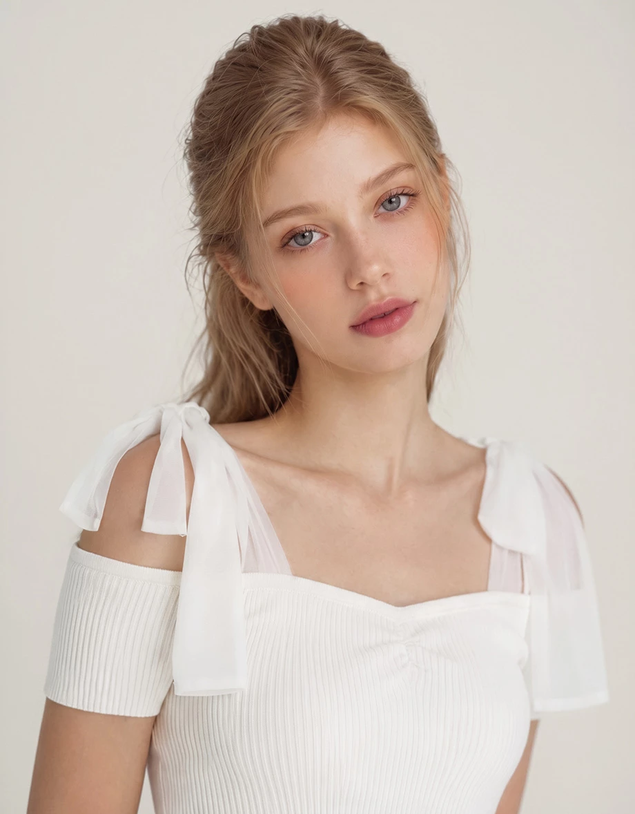 Shoulder Tie Chiffon Strap Off Shoulder Ribbed Knit Padded Bra Top Shoulder Tie Chiffon Strap Off Shoulder Ribbed Knit Padded Bra Top