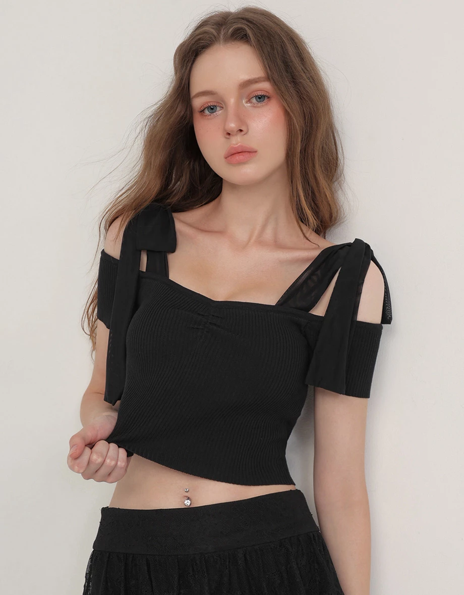 Shoulder Tie Chiffon Strap Off Shoulder Ribbed Knit Padded Bra Top Shoulder Tie Chiffon Strap Off Shoulder Ribbed Knit Padded Bra Top