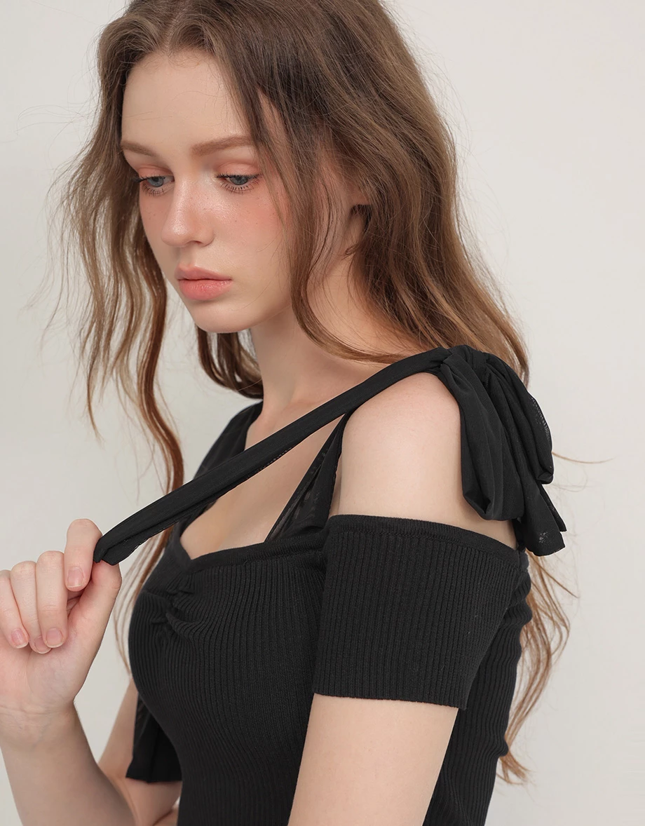 Shoulder Tie Chiffon Strap Off Shoulder Ribbed Knit Padded Bra Top Shoulder Tie Chiffon Strap Off Shoulder Ribbed Knit Padded Bra Top
