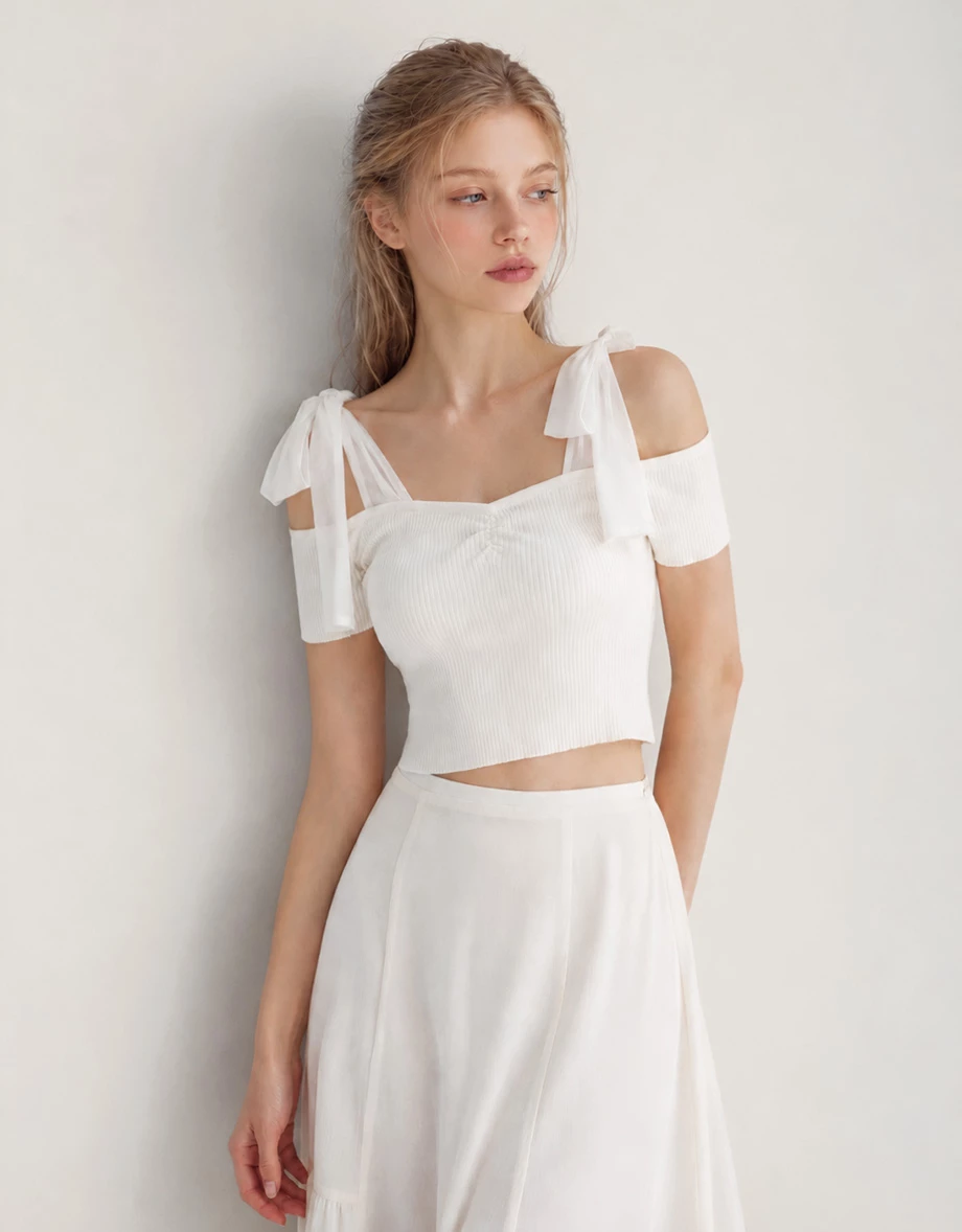 Shoulder Tie Chiffon Strap Off Shoulder Ribbed Knit Padded Bra Top Shoulder Tie Chiffon Strap Off Shoulder Ribbed Knit Padded Bra Top