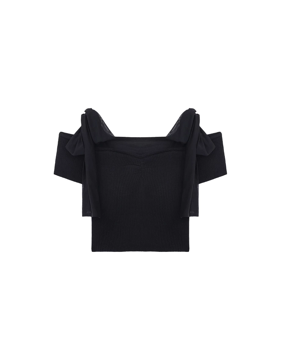 Shoulder Tie Chiffon Strap Off Shoulder Ribbed Knit Padded Bra Top Shoulder Tie Chiffon Strap Off Shoulder Ribbed Knit Padded Bra Top