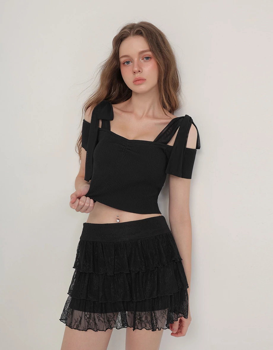 Shoulder Tie Chiffon Strap Off Shoulder Ribbed Knit Padded Bra Top Shoulder Tie Chiffon Strap Off Shoulder Ribbed Knit Padded Bra Top