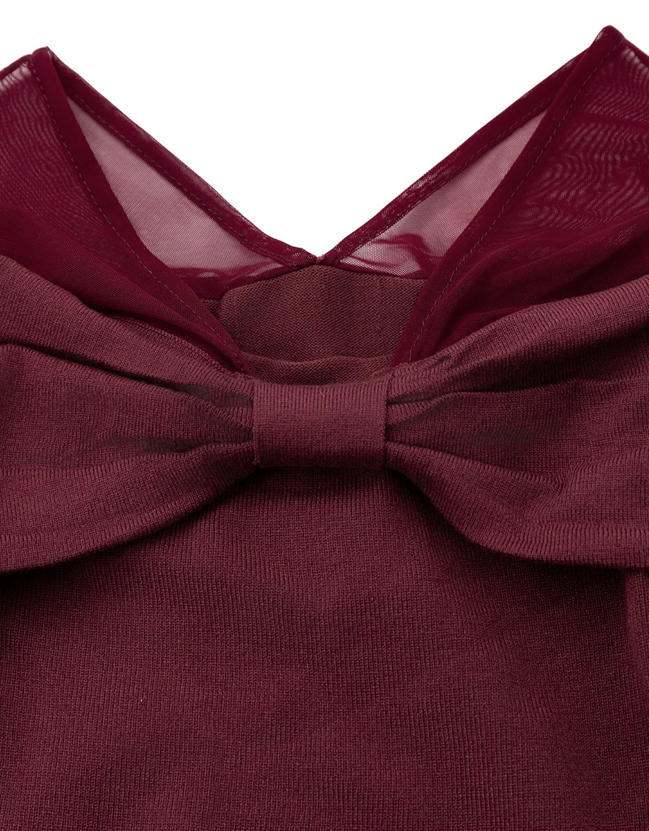 Off Shoulder Mesh Panel Bow Accent Knit Long Sleeve Top Off Shoulder Mesh Panel Bow Accent Knit Long Sleeve Top
