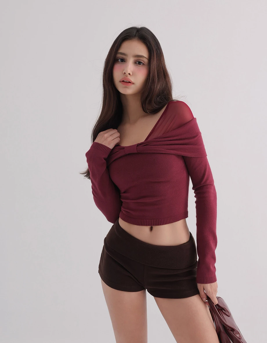 Off Shoulder Mesh Panel Bow Accent Knit Long Sleeve Top Off Shoulder Mesh Panel Bow Accent Knit Long Sleeve Top