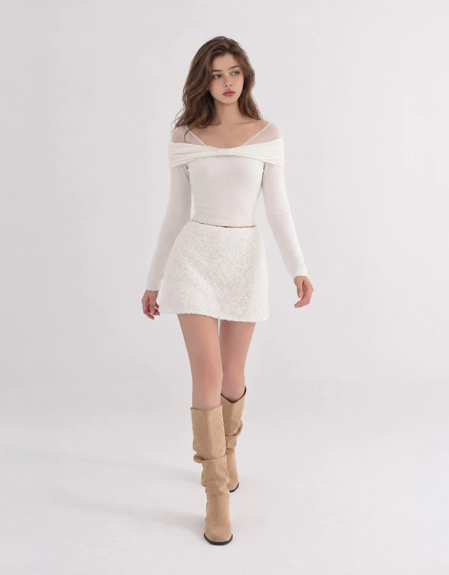 Off Shoulder Mesh Panel Bow Accent Knit Long Sleeve Top Off Shoulder Mesh Panel Bow Accent Knit Long Sleeve Top