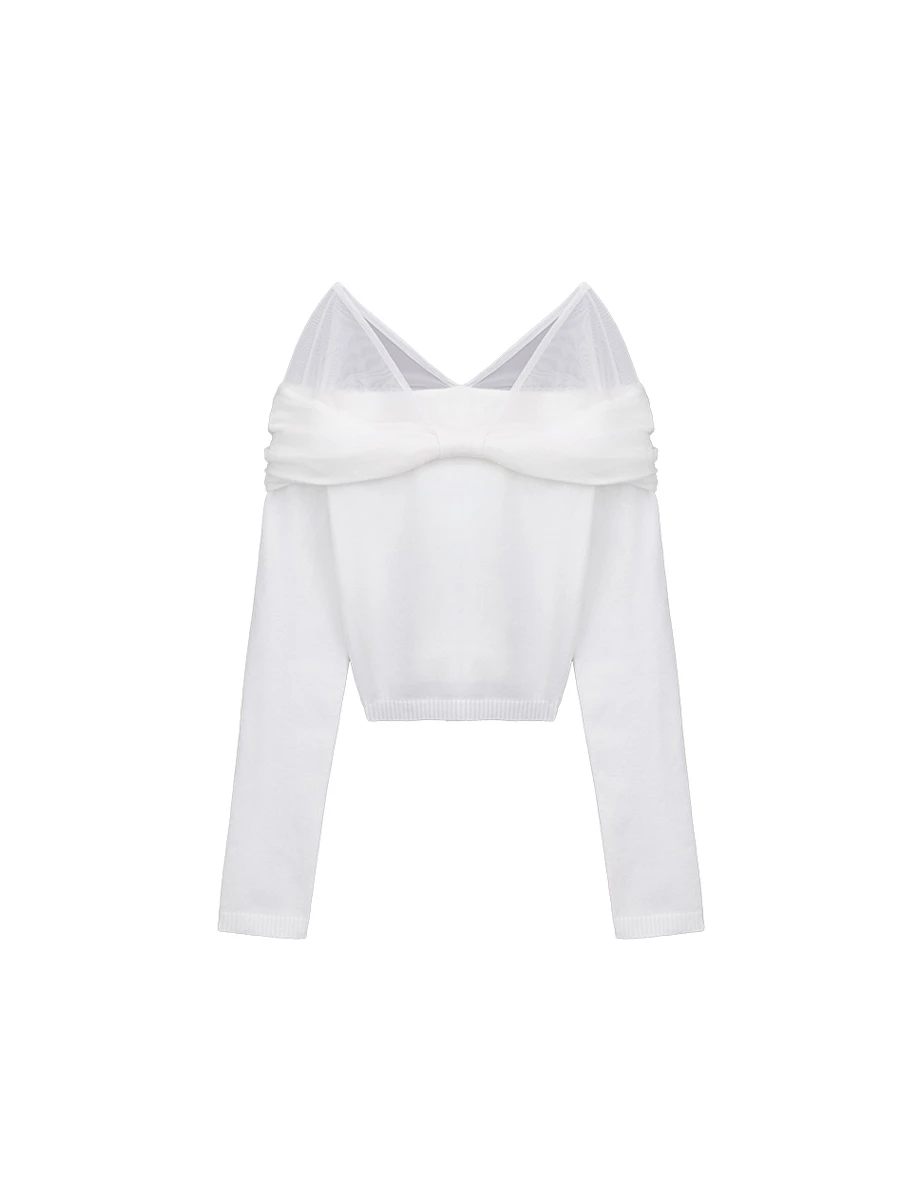 Off Shoulder Mesh Panel Bow Accent Knit Long Sleeve Top