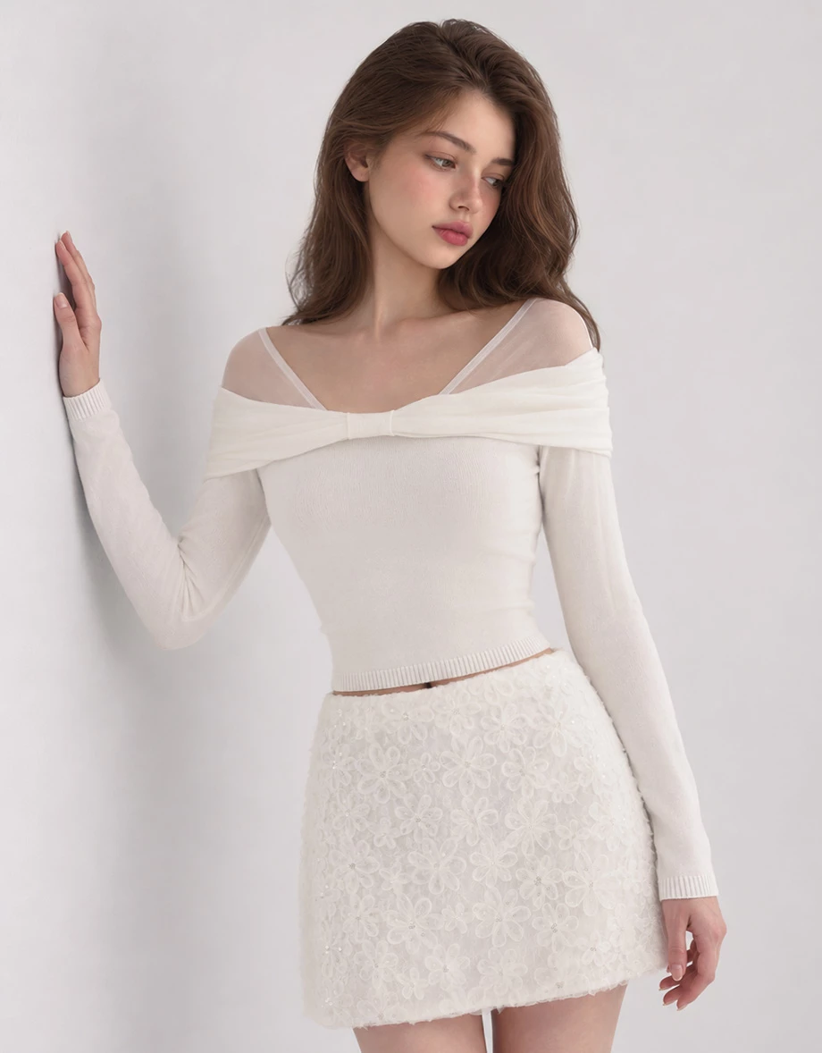 Off Shoulder Mesh Panel Bow Accent Knit Long Sleeve Top Off Shoulder Mesh Panel Bow Accent Knit Long Sleeve Top