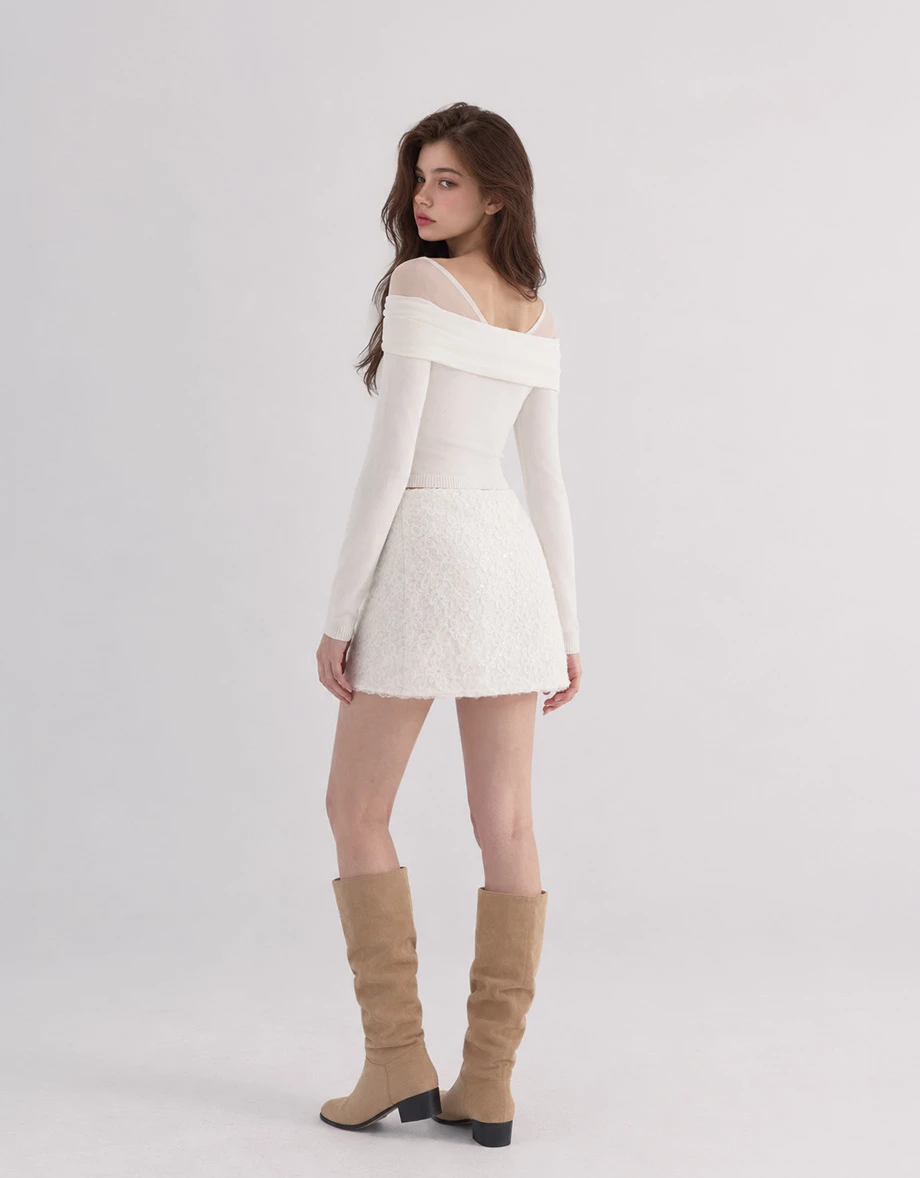 Off Shoulder Mesh Panel Bow Accent Knit Long Sleeve Top Off Shoulder Mesh Panel Bow Accent Knit Long Sleeve Top