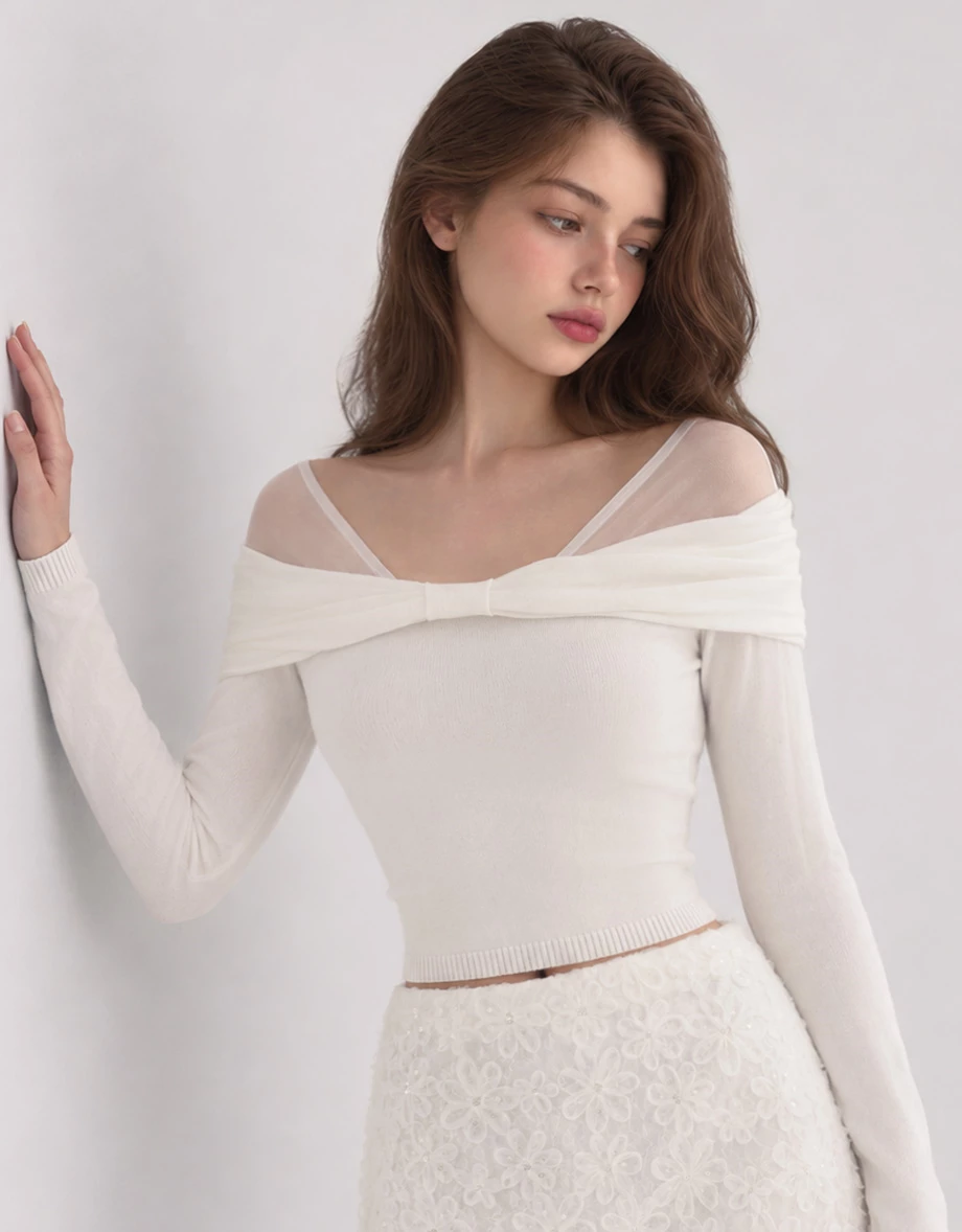 Off Shoulder Mesh Panel Bow Accent Knit Long Sleeve Top Off Shoulder Mesh Panel Bow Accent Knit Long Sleeve Top