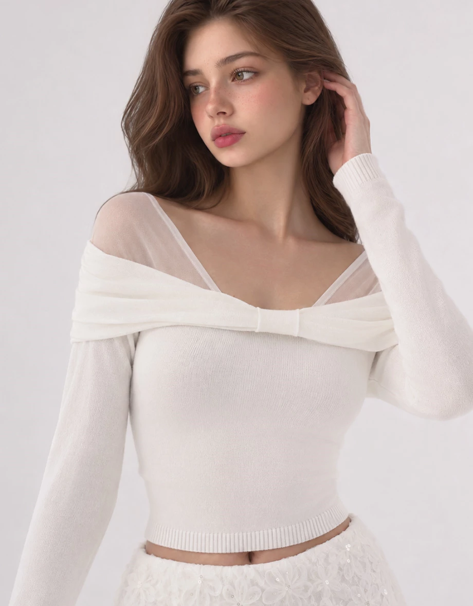Off Shoulder Mesh Panel Bow Accent Knit Long Sleeve Top Off Shoulder Mesh Panel Bow Accent Knit Long Sleeve Top