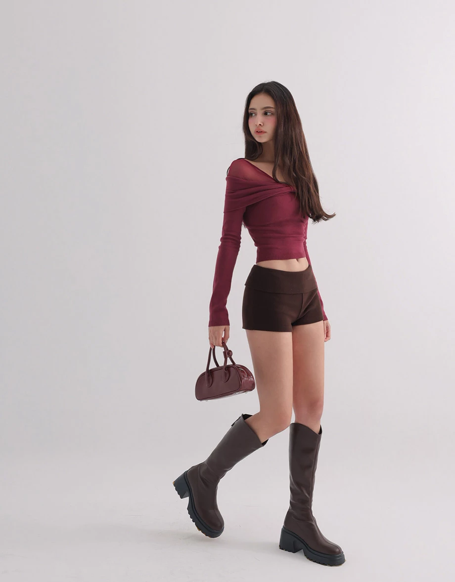 Off Shoulder Mesh Panel Bow Accent Knit Long Sleeve Top Off Shoulder Mesh Panel Bow Accent Knit Long Sleeve Top