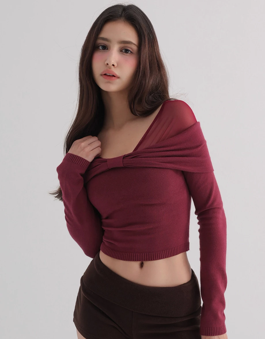 Off Shoulder Mesh Panel Bow Accent Knit Long Sleeve Top Off Shoulder Mesh Panel Bow Accent Knit Long Sleeve Top