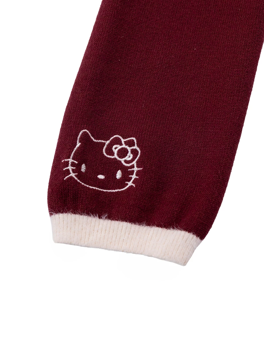 【Hello Kitty】撞色滾邊刺繡圖字金屬扣長袖針織開襟衫