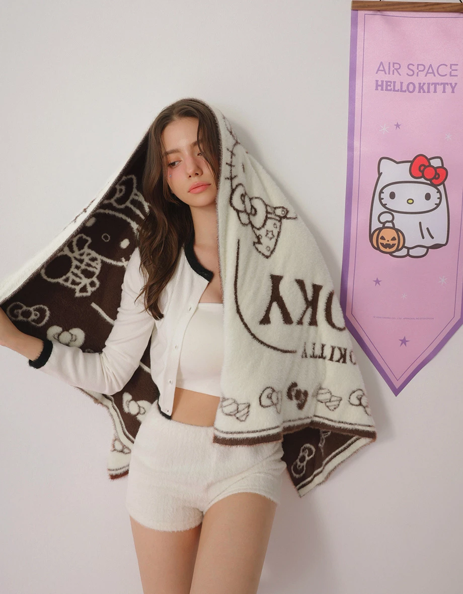 【Hello Kitty】撞色滾邊刺繡圖字金屬扣長袖針織開襟衫