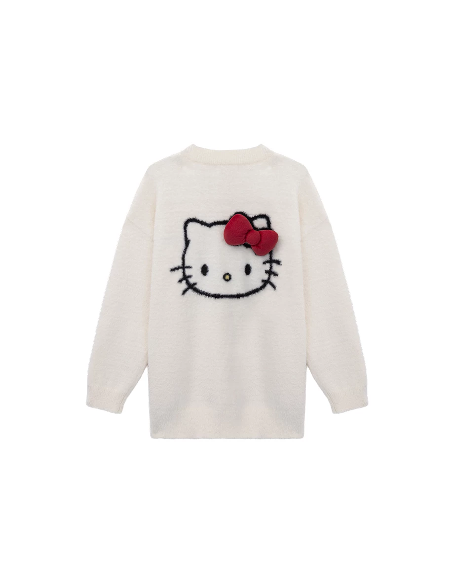 【Hello Kitty】美背緹花立體蝴蝶結V領長袖長版絨毛針織開襟衫