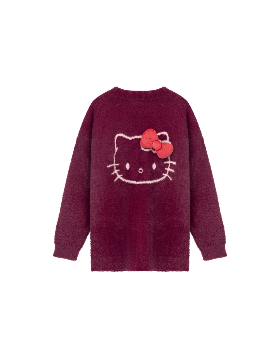 【Hello Kitty】美背緹花立體蝴蝶結V領長袖長版絨毛針織開襟衫 【Hello Kitty】美背緹花立體蝴蝶結V領長袖長版絨毛針織開襟衫