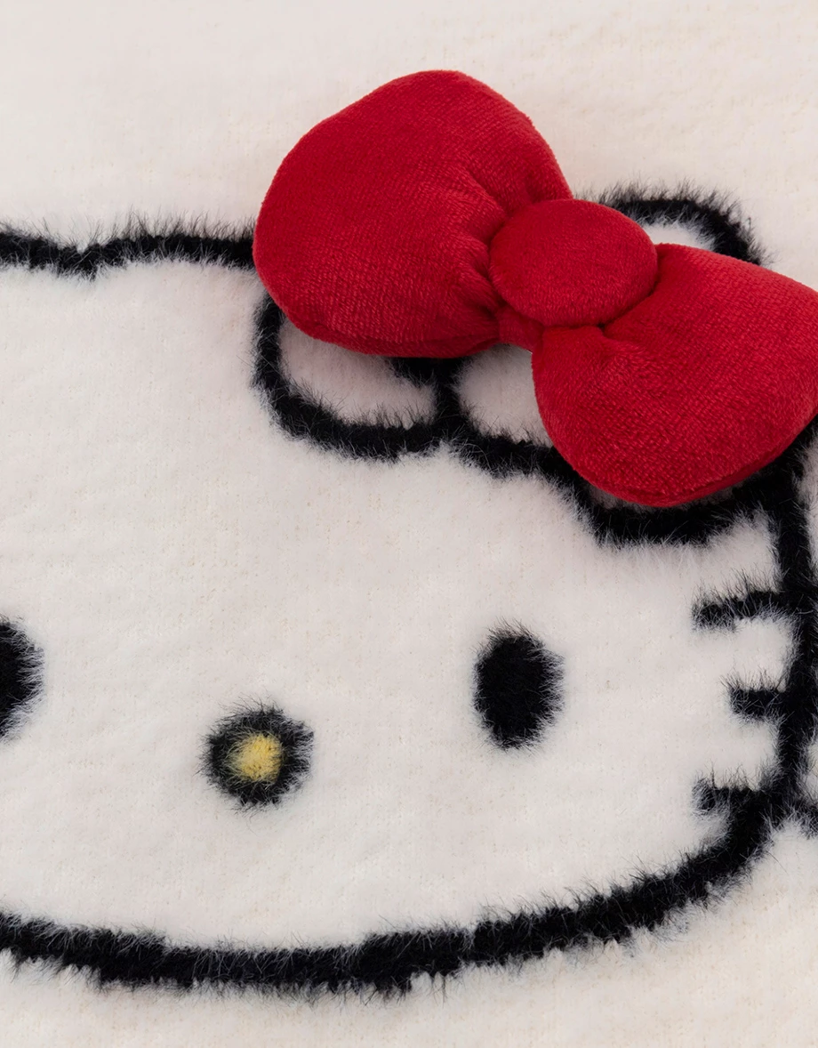 【Hello Kitty】美背緹花立體蝴蝶結V領長袖長版絨毛針織開襟衫