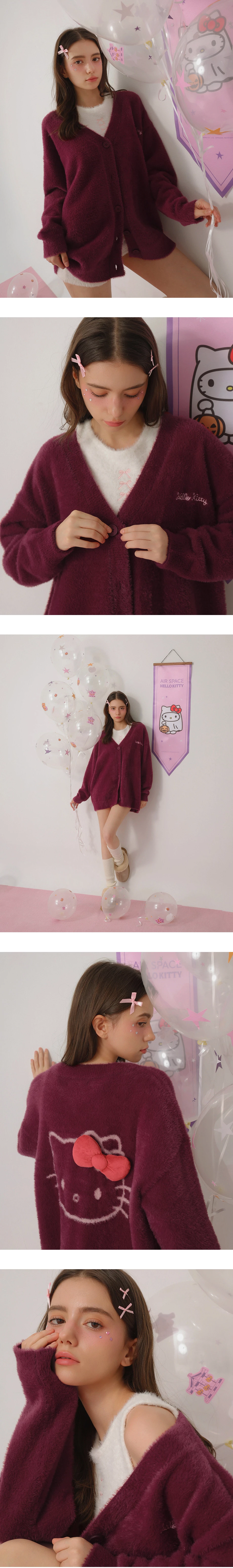 【Hello Kitty】美背緹花立體蝴蝶結V領長袖長版絨毛針織開襟衫