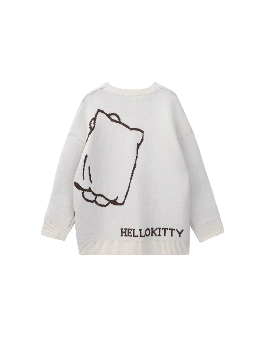 【Hello Kitty】緹花圖案圓領長袖長版毛衣