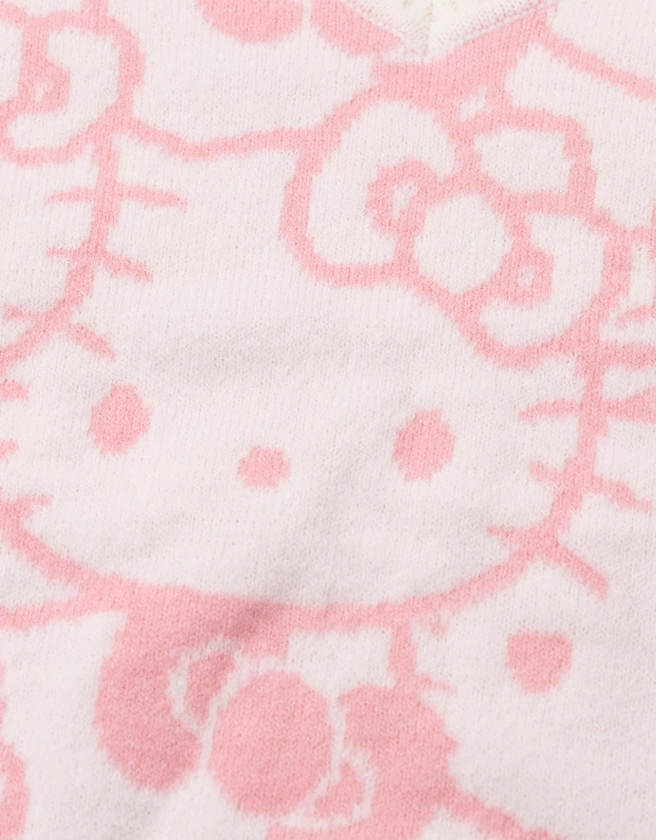 【Hello Kitty】滿版緹花圖案V領長袖短版毛衣