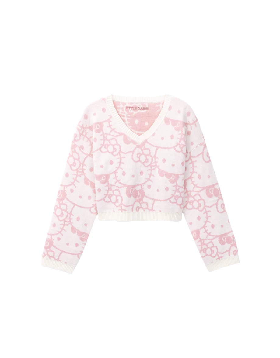 【Hello Kitty】滿版緹花圖案V領長袖短版毛衣