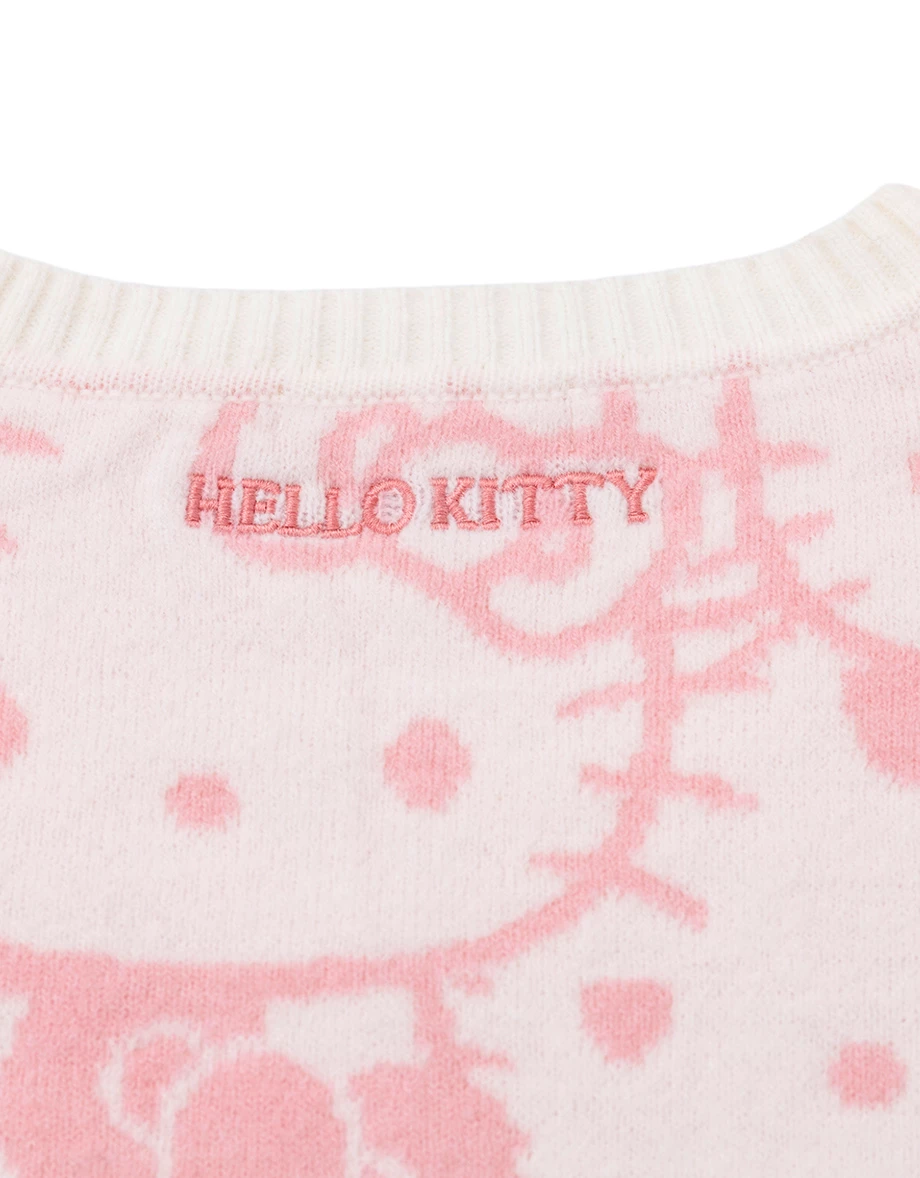 【Hello Kitty】滿版緹花圖案V領長袖短版毛衣