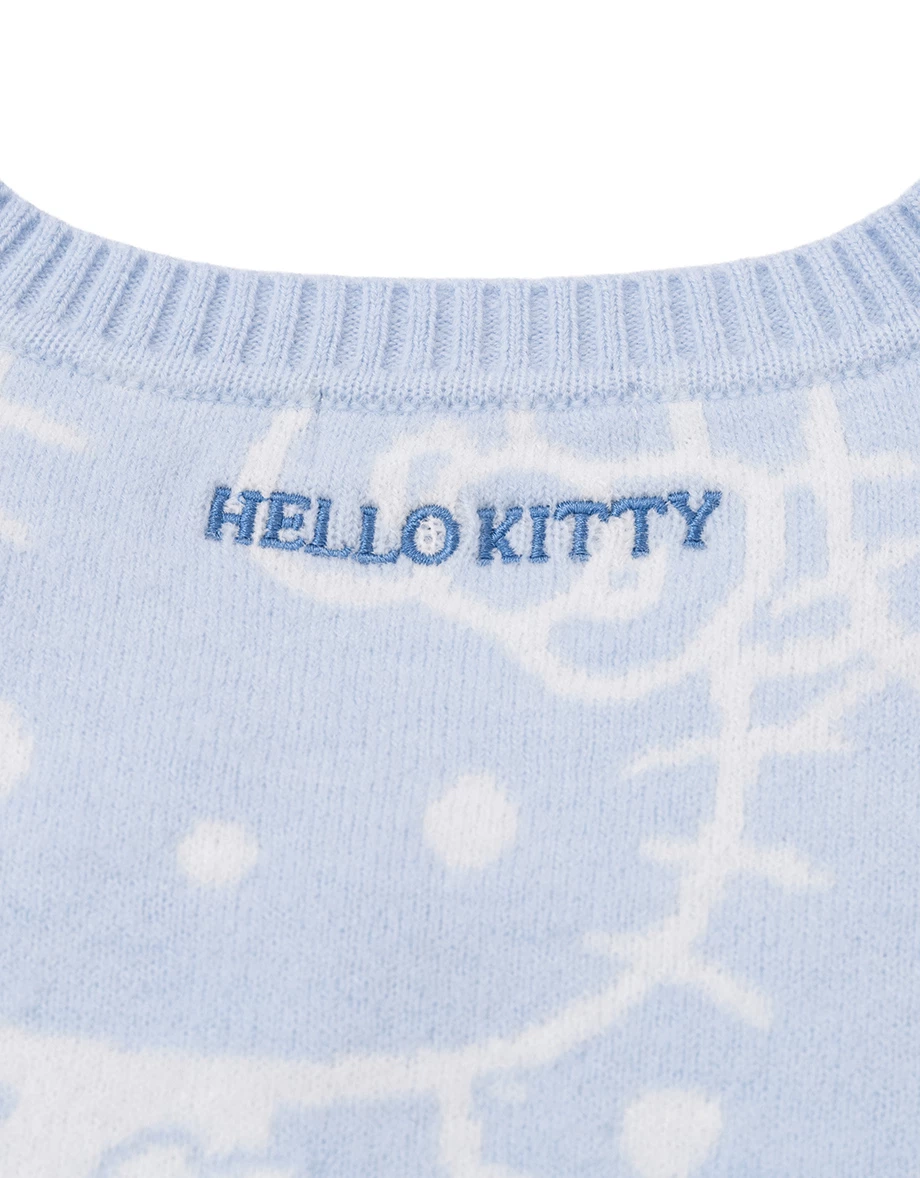 【Hello Kitty】滿版緹花圖案V領長袖短版毛衣