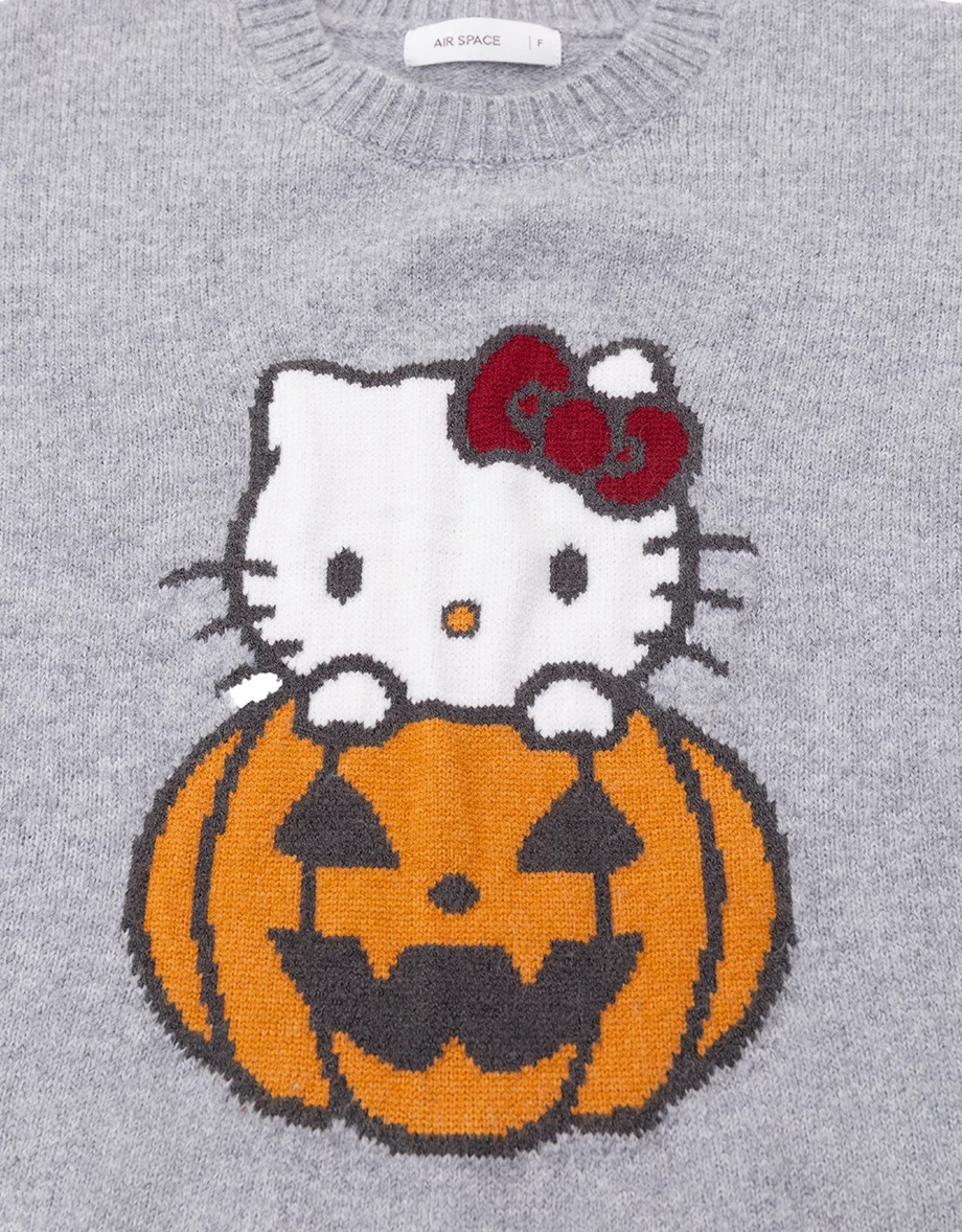 【Hello Kitty】彩色緹花圖案圓領長袖寬版毛衣