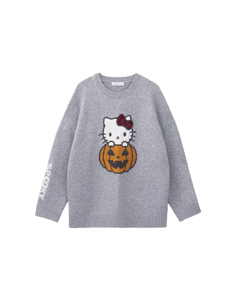 【Hello Kitty】彩色緹花圖案圓領長袖寬版毛衣