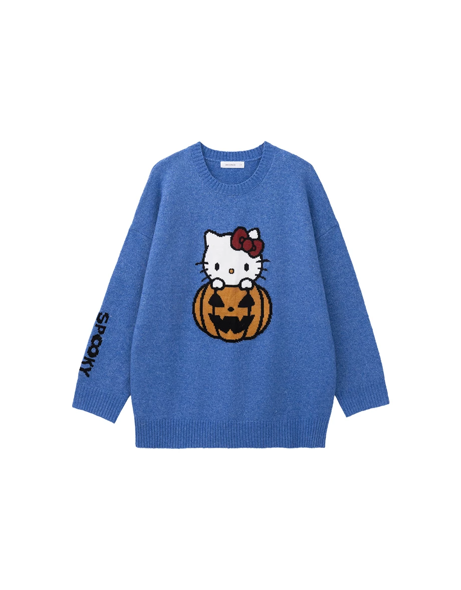 【Hello Kitty】彩色緹花圖案圓領長袖寬版毛衣 【Hello Kitty】彩色緹花圖案圓領長袖寬版毛衣