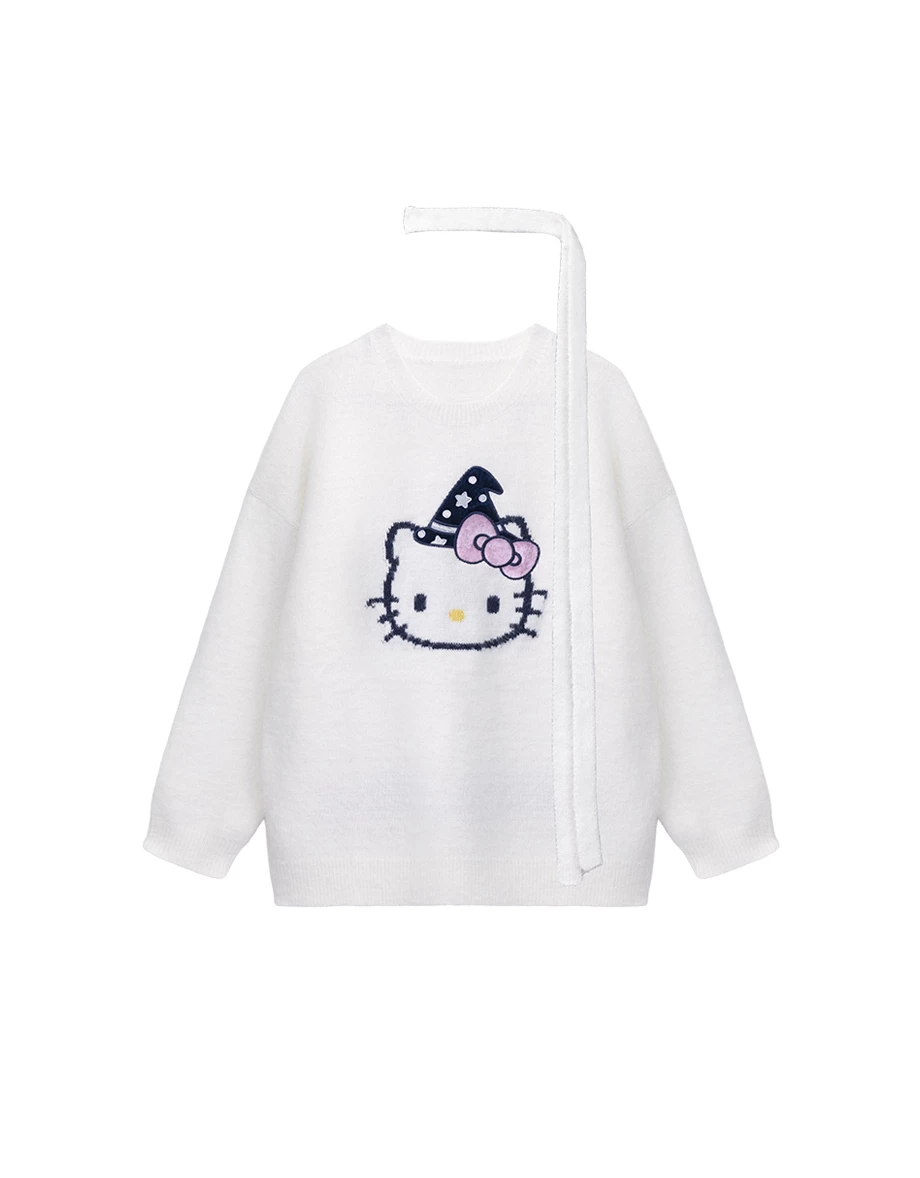 【Hello Kitty】緹花貼布繡圖案圓領長袖寬版毛衣(附領巾)