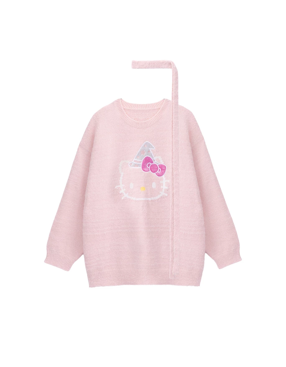 【Hello Kitty】緹花貼布繡圖案圓領長袖寬版毛衣(附領巾)