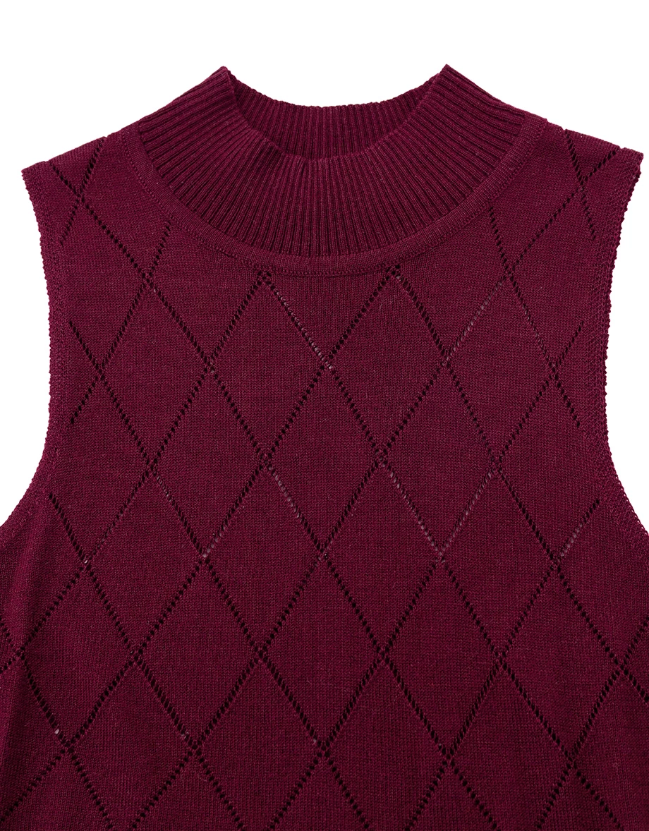 Argyle Pointelle High Neck Sleeveless Knit Tank Top