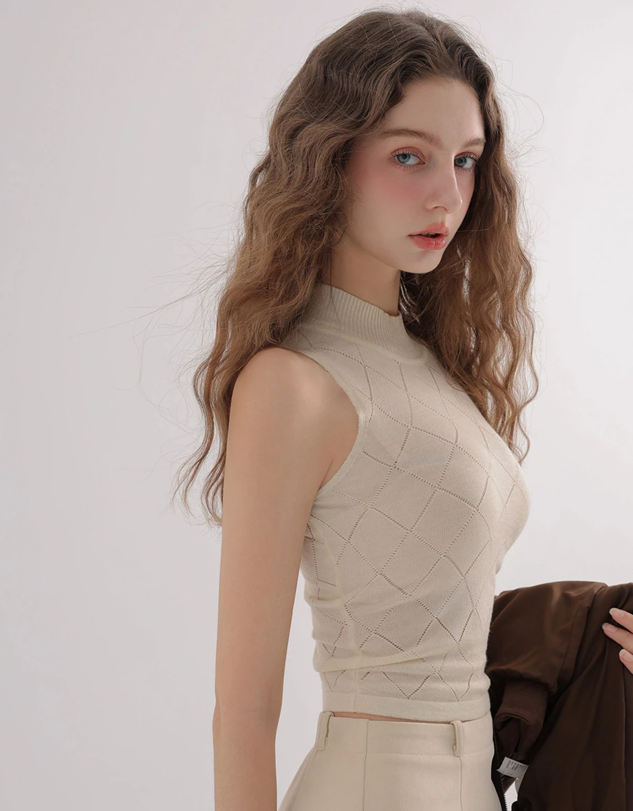 Argyle Pointelle High Neck Sleeveless Knit Tank Top