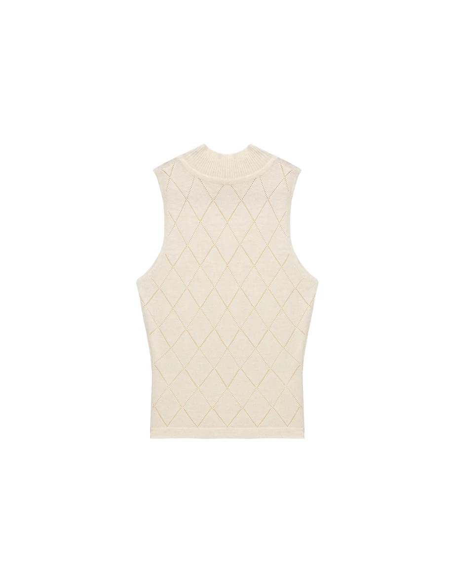 Argyle Pointelle High Neck Sleeveless Knit Tank Top
