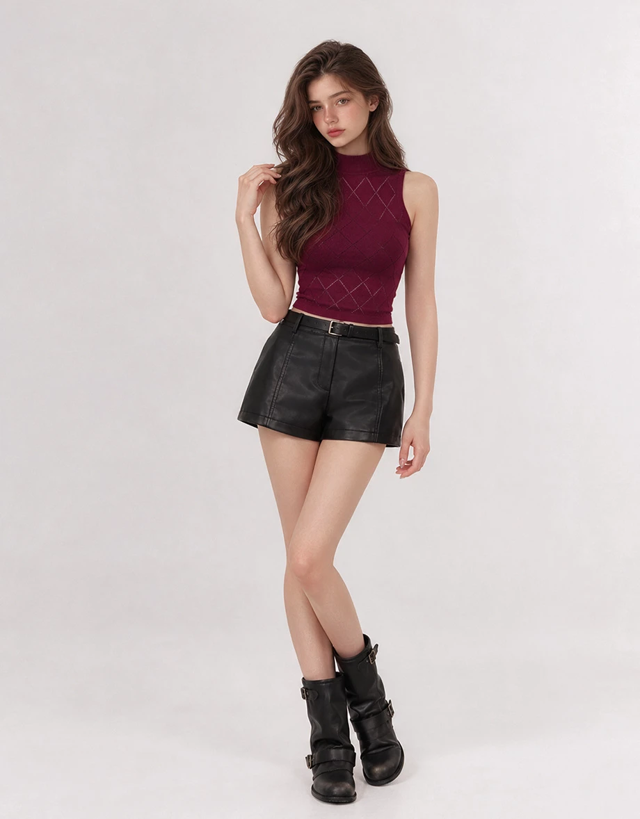 Argyle Pointelle High Neck Sleeveless Knit Tank Top