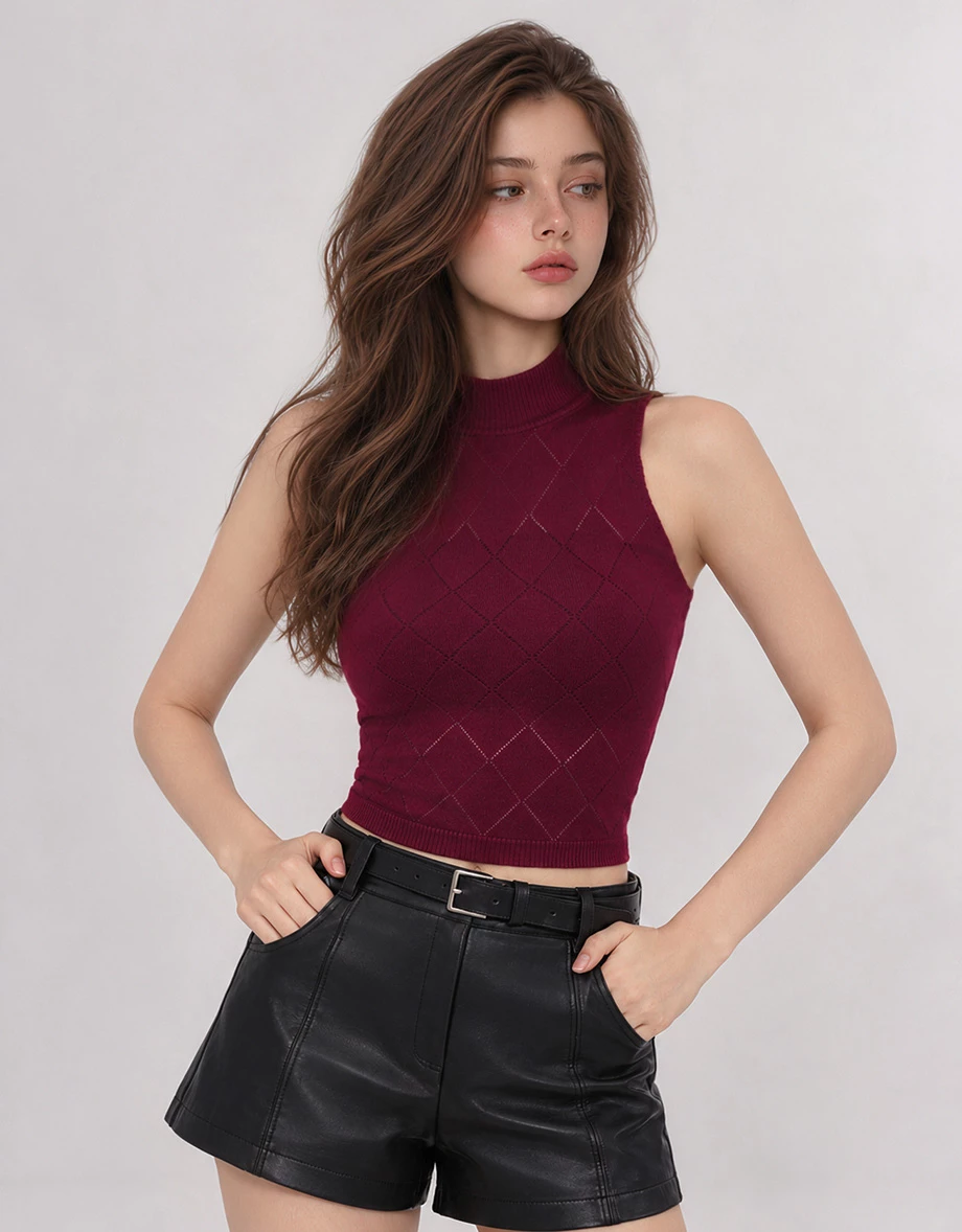 Argyle Pointelle High Neck Sleeveless Knit Tank Top