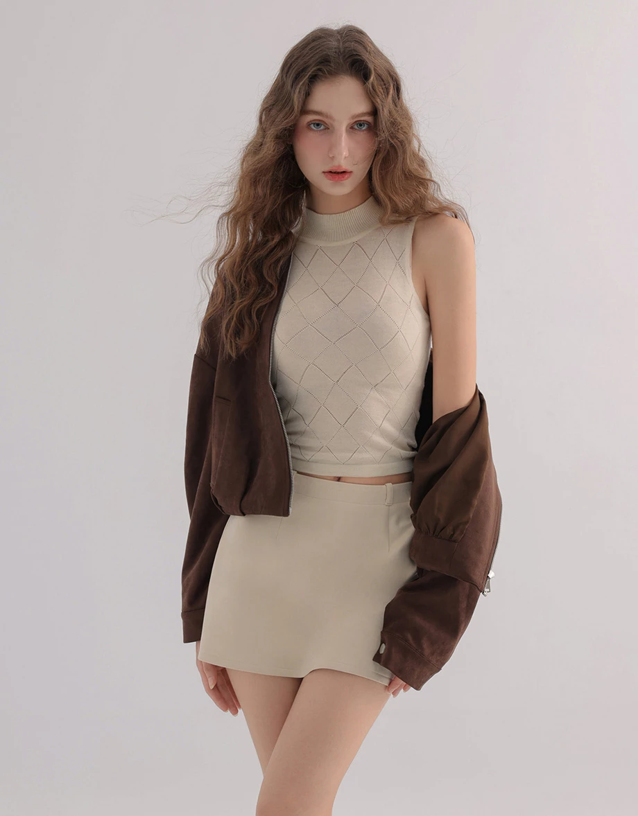 Argyle Pointelle High Neck Sleeveless Knit Tank Top