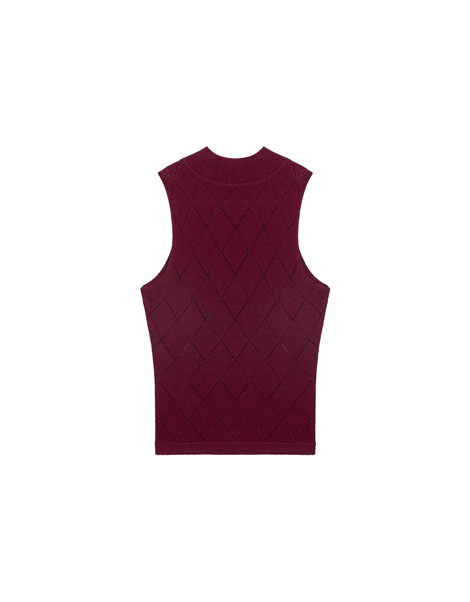 Argyle Pointelle High Neck Sleeveless Knit Tank Top